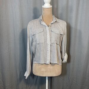 Sim & Sam Long Sleeve Cropped Stripe Top S Blue/Wht  Button Up Preppy‎ Nautical